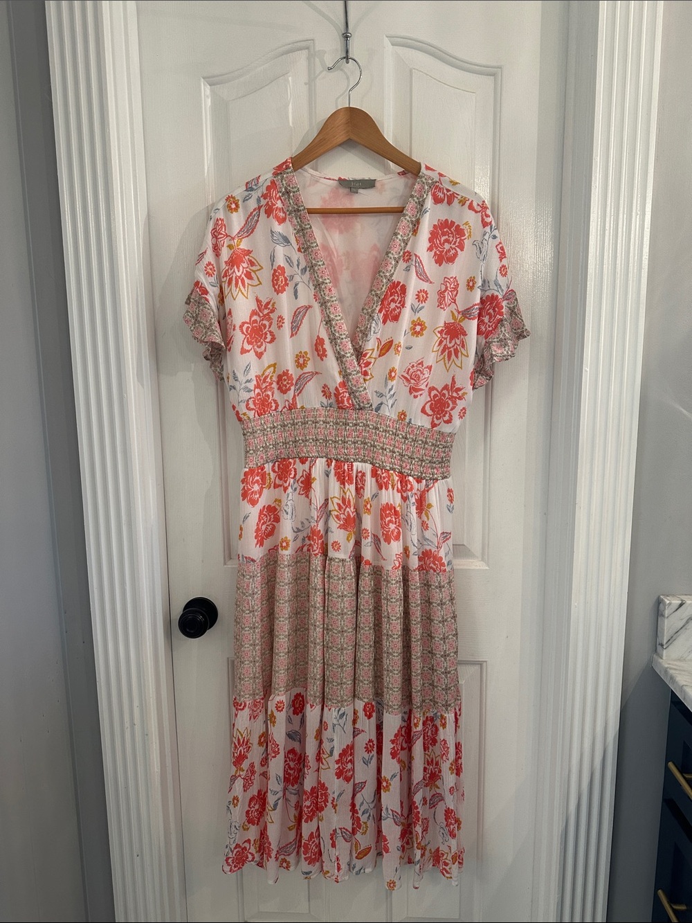 J Gee White and Coral Floral Smocked Midi Dress